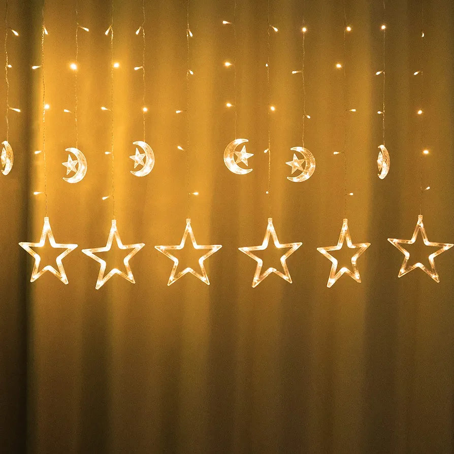 2.5M LED Moon & Star Curtain Lights – 138 LED Fairy String with 8 Modes for Christmas, Wedding & Party Décor